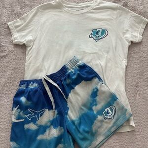 Kids Blue Cloud Tie-Dye Shorts & White Tee Matching Set